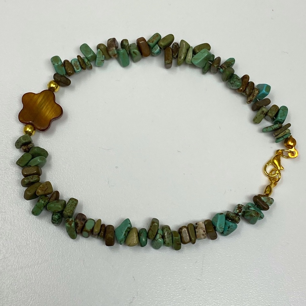 Handmade Anklet Green Brown Magnesite Stone Chip Beads with a Brown Shell Flower